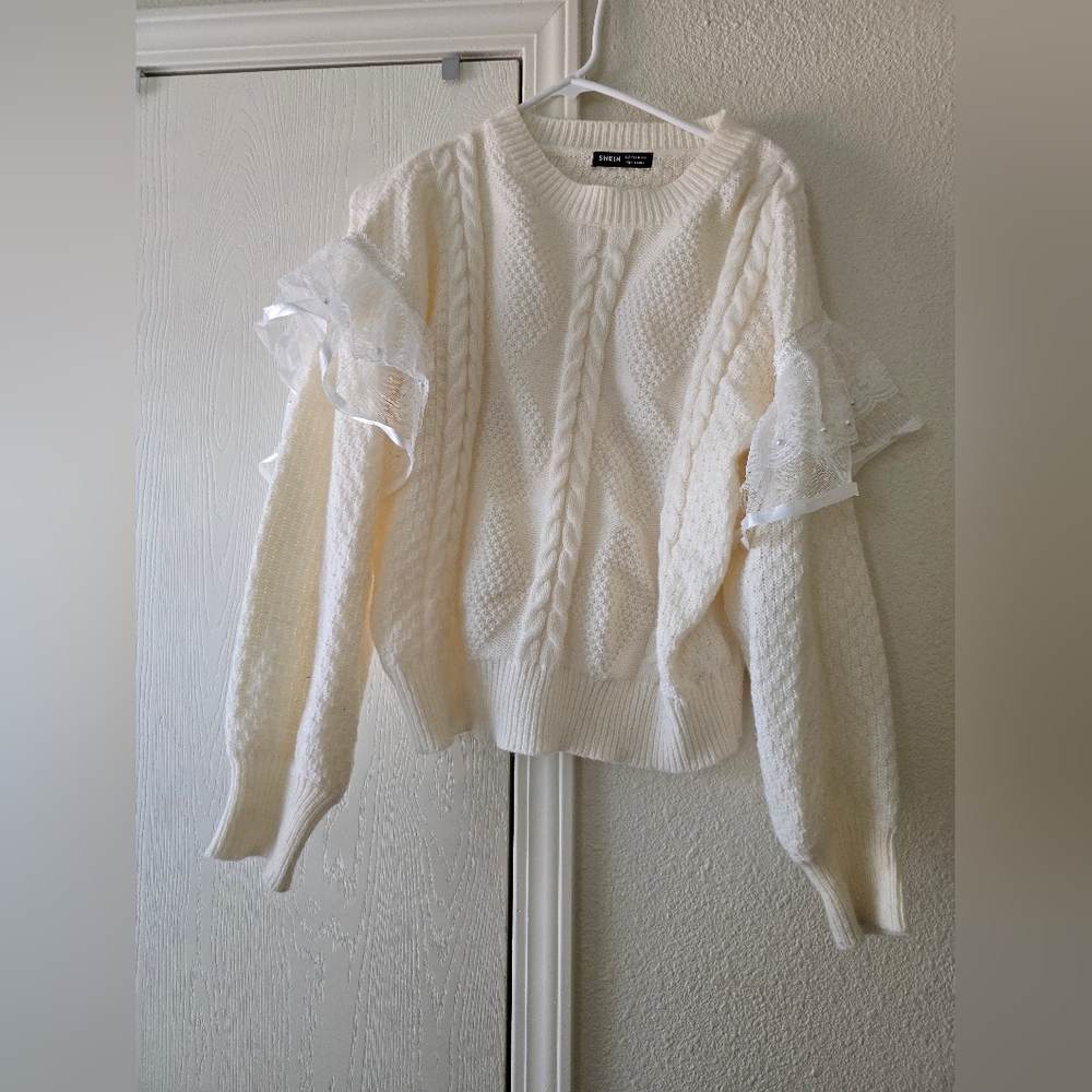 Pearls Beaded Contrast LaceRuffle Trim Drop Shoulder Sweater